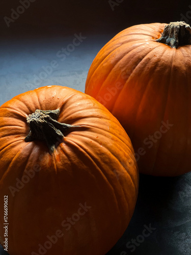 Wallpaper Mural Close up of two ripe orange pumpkins on grey table background  Torontodigital.ca