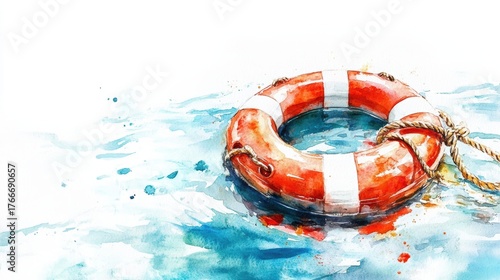 A watercolor illustration of a lifebuoy floating in water, featuring vibrant orange and white colors against a serene blue background.
