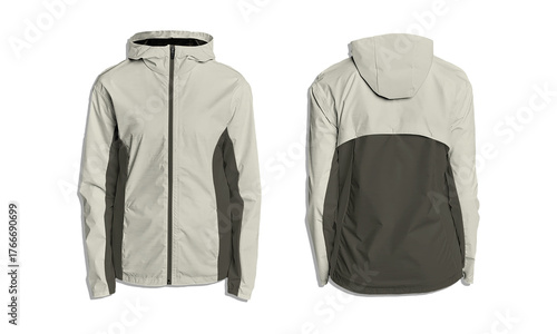 Stylish hooded jacket design, front and back views showcasing modern outerwear for active lifestyle apparel