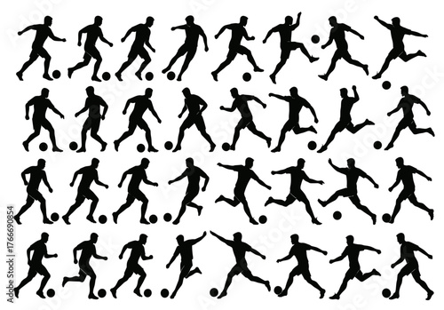 Silhouettes of soccer players in motion: diverse dynamic poses