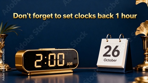 Reminder about the UK clock change to winter time on October 26 with digital clock showing 2:00 AM and a calendar on an elegant navy background, business style