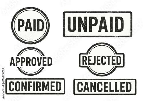 Set of stamps: paid, unpaid, approved, rejected, confirmed, cancelled in black and white