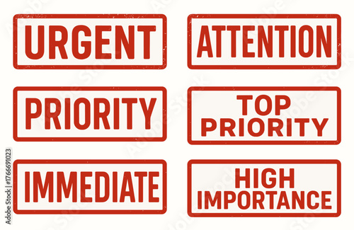 Red and white urgent priority attention labels with high importance messages