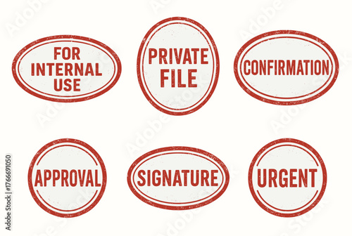 Set of red oval stamps with various office terms in grunge style