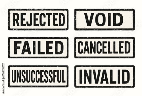 Collection of distressed stamped labels: rejected, void, failed, cancelled, unsuccessful, invalid