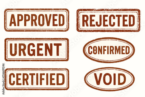 Vintage stamped texts: approved, rejected, urgent, confirmed, certified, void