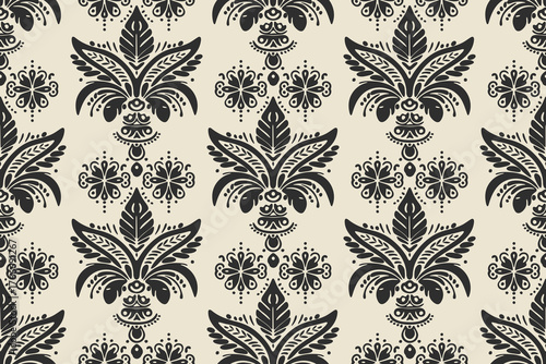 Vintage Black Floral Damask Seamless Pattern on Beige Background. Stylized paisleys or palmettes, vintage European wallpaper, sophisticated Indian block prints, or traditional textile designs. 