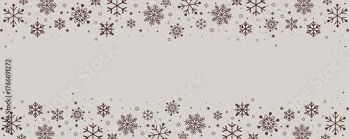 grey winter background with chocolate snowflake borders on top and bottom. Ideal for seasonal greeting cards, festive banners, invitations, and holiday-themed graphic design projects.