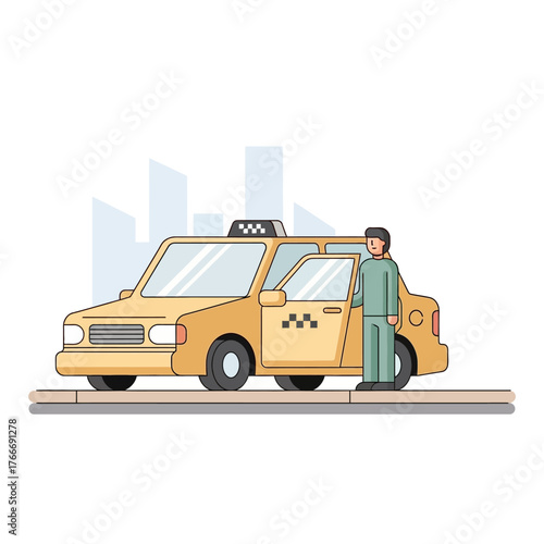 A man stands beside a yellow taxi with its door open against a city skyline, illustrating an urban transportation or ride-hailing service concept
