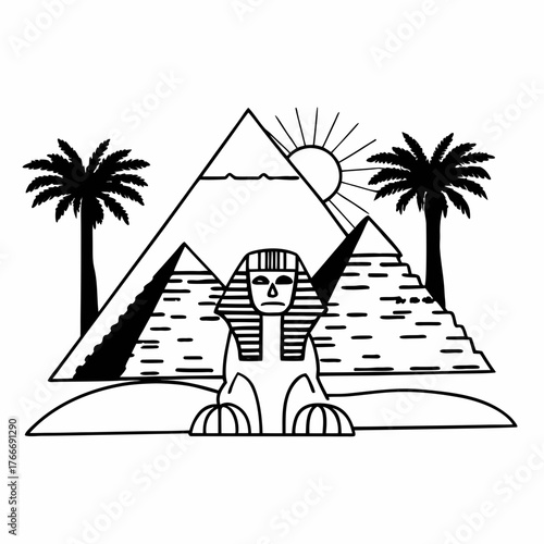 Illustration of the sphinx and pyramids with palm trees in a black and white outline drawing style image