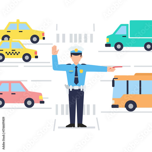 Vector illustration of a traffic police officer in uniform directing the flow of cars, a bus, and a truck at a busy city intersection with a crosswalk