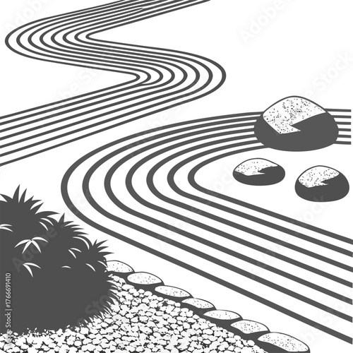 Serene zen garden raked sand waves with stones and lush greenery representing peace isolated on transparent background