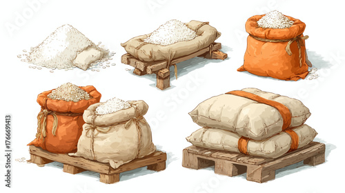 Rice Grains in Jute Sacks and Piles on Wooden Pallets Hand Drawn Illustration