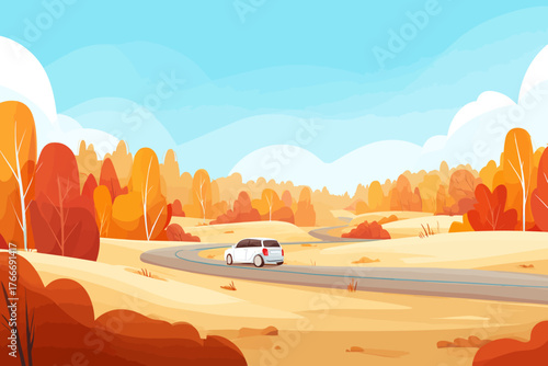 Flat Design SUV Car Driving on Winding Road Through Autumn Landscape