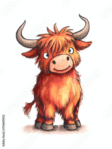 Cute Fluffy Highland Cow Calf Smiling Watercolor Illustration