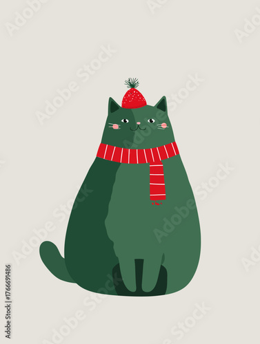 Chubby Green Cat Wearing Red Striped Scarf and Pom-Pom Winter Hat Vector