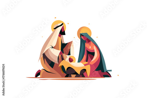 Abstract Geometric Nativity Scene with Holy Family in Modern Polygonal Style