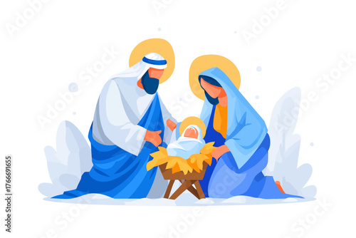 Vibrant Nativity Scene with Joseph and Mary Adoring Baby Jesus in Flat Vector Style