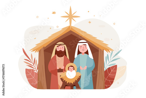 Modern Flat Design Nativity Scene with Holy Family and Boho Foliage