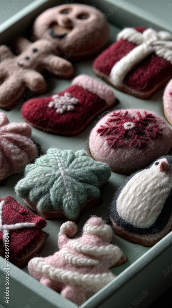 Fototapeta premium Set of 12 felted winter icons gingerbread man gifts