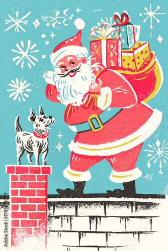 Retro Santa Claus on Rooftop with Dog and Gifts