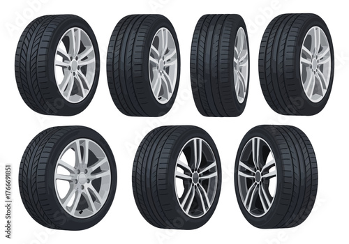 Automobile Tires and Alloy Wheels Set on White Background