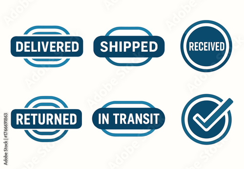 Shipping status icons: delivered, shipped, received, returned, in transit, check mark