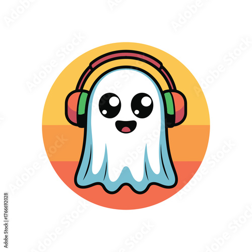 Cute Ghost with Headphones in Circle