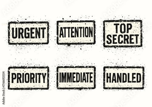 Grunge-style label set: urgent, attention, top secret, priority, immediate, handled