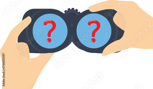question mark on binoculars for business problem solving concept

