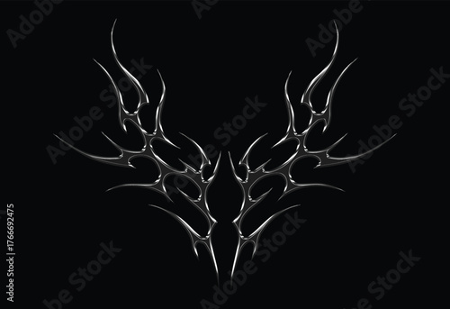 Abstract metallic futuristic 3D tribal y2k chrome gothic shape, aesthetic cyber gothic style neo tribal tattoo sigilism design