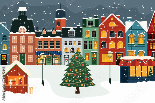 Winter christmas landscape with snowy houses. Winter city