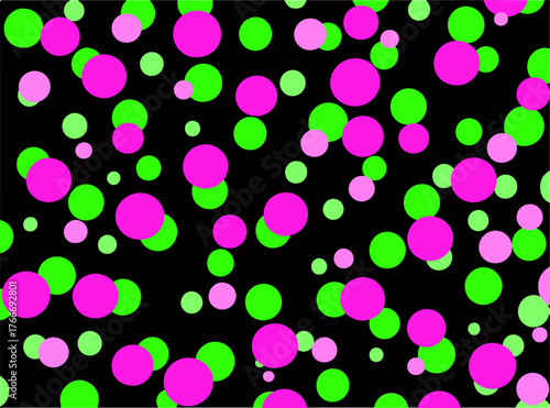 Neon pink and green polka dots on a black background, vibrant and playful pattern for design