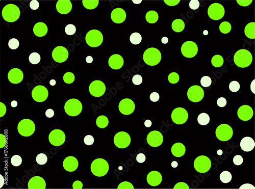 Bright green and white polka dots on a black background, bold and playful pattern for design