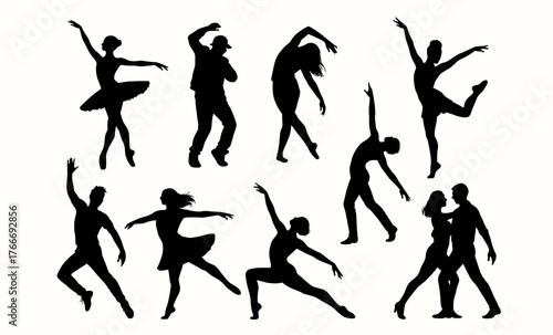Silhouette dance ensemble: diverse group of male and female dancers in motion