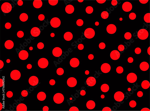 Bright red polka dots on a black background, bold and playful pattern for design and decoration