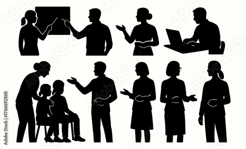 Silhouette collection of adults interacting in various professional settings