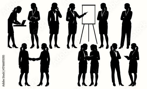 Silhouette of businesswomen in various poses and business attire