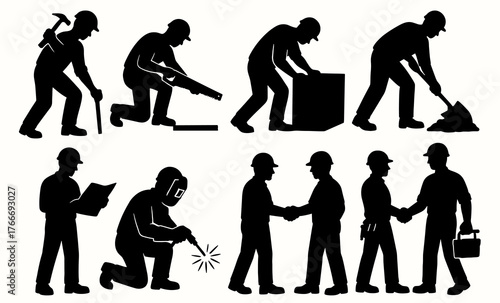 Silhouettes of construction workers performing various tasks