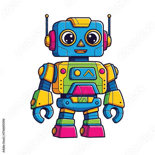 Colorful cartoon robot illustration suitable for children's designs, playful and friendly