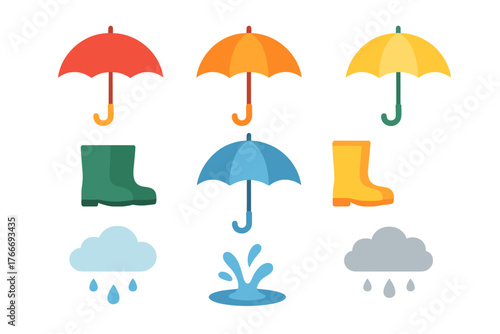 Colorful set of rain weather elements including open umbrellas, rubber boots, clouds, and water splash