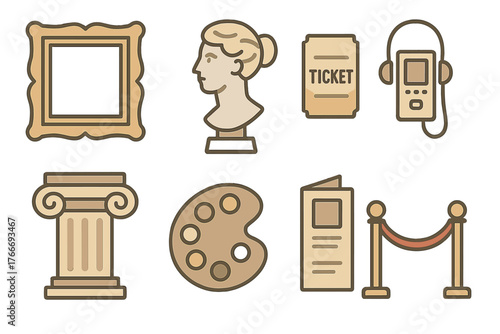 Collection of icons representing art gallery and museum elements like frame, bust, ticket, and palette