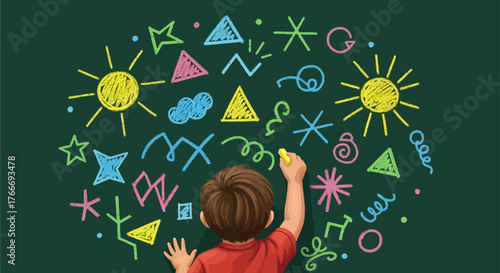 Back view of a child drawing colorful shapes and symbols on a green chalkboard with chalk.