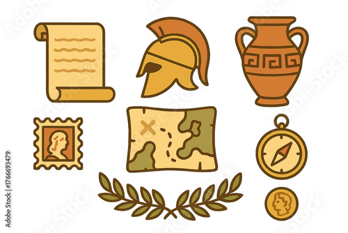 Ancient history and exploration symbols featuring scroll, Spartan helmet, amphora, treasure map, and compass