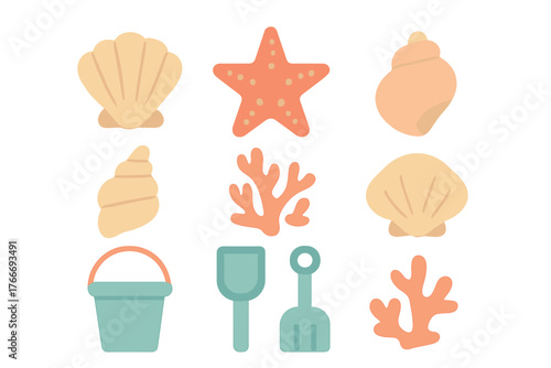Colorful collection of seashells starfish coral and beach toys for summer