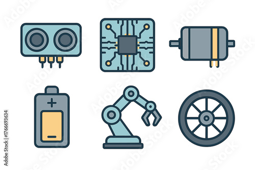 Electronic and robotic components including sensor, microchip, motor, battery, arm, and wheel icons