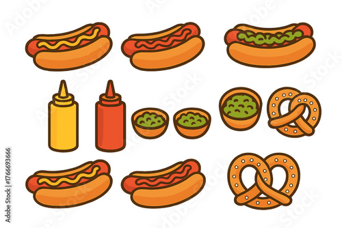 Classic American fast food set with hot dogs, soft pretzels, mustard, ketchup, and relish