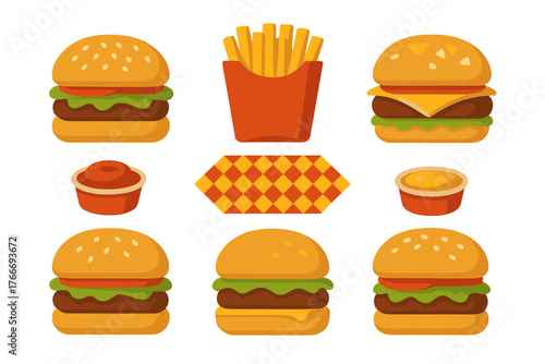 Classic cheeseburgers, hamburgers, french fries, and dipping sauces isolated on white