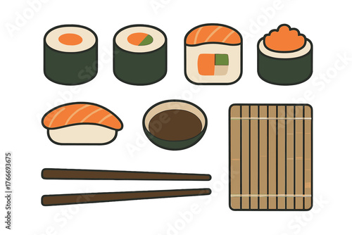 Japanese sushi rolls nigiri chopsticks soy sauce bowl and bamboo mat set