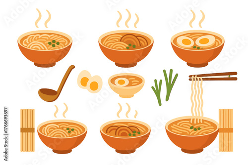 Collection of Japanese ramen noodle soup bowls with eggs meat and chopsticks